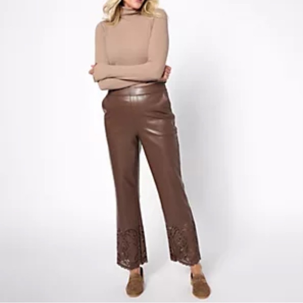 Isaac Mizrahi Petite Brown Faux Leather Perforated Hem Pants